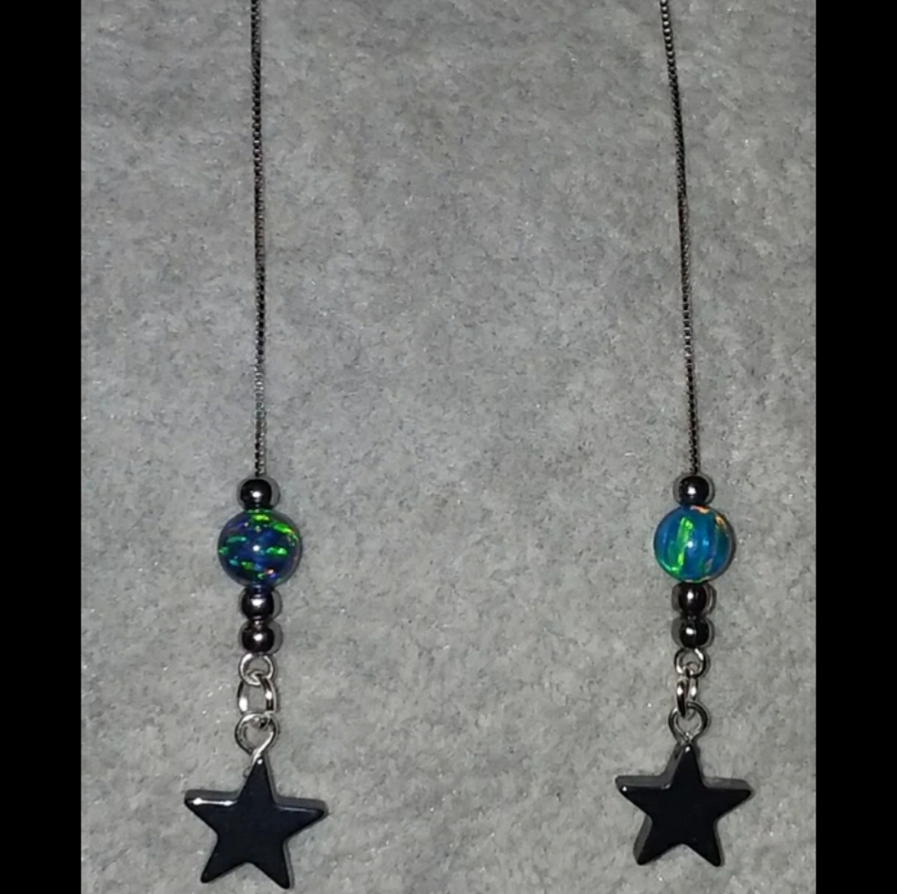 GENUINE BLUE-GREEN FIRE OPAL THREADER EARRINGS